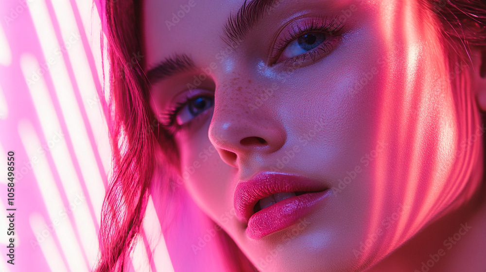 A close-up portrait of a woman featuring vibrant pink lighting and striking facial features A close-up portrait of a woman featuring vibrant pink lighting and striking facial features