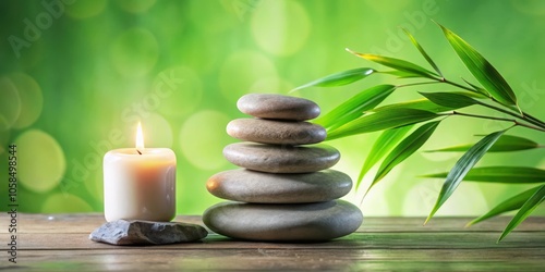 A serene spa setting with a lit candle resting on a smooth stone, complemented by a stack of stones arranged in a Zen-like formation, all set against a backdrop of lush green foliage.