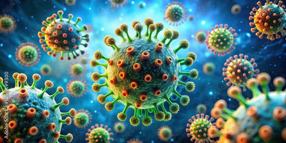 A close-up view of a virus particle with a spiky surface, surrounded by other similar viruses on a blue and white background.