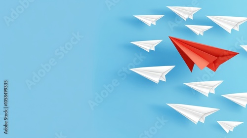 Red paper plane leading among a white planes on blue background. Business competition and Leadership concept