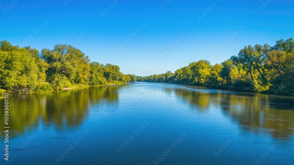 Aerial view of a river under a clear blue sky captured by a drone, emphasizing the beauty of the river landscape with ample photo space for creative use. Aerial view of a river under a clear blue sky captured by a drone, emphasizing the beauty of the river landscape with ample photo space for creative use.