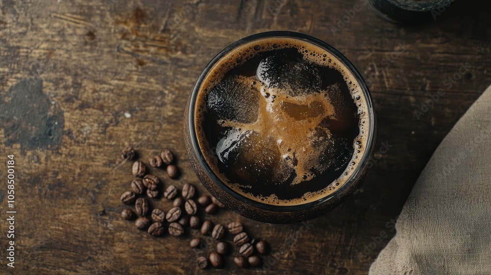Focused top-down shot of iced coffee on a rustic wooden table, surrounded by coffee beans and a simple napkin. Focused top-down shot of iced coffee on a rustic wooden table, surrounded by coffee beans and a simple napkin.