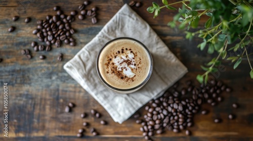 Focused top-down shot of iced coffee on a rustic wooden table, surrounded by coffee beans and a simple napkin.