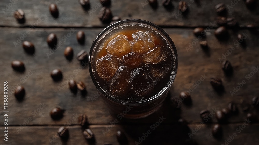 Top view focus shot of a glass of iced coffee with ice cubes on a wooden table, surrounded by coffee beans. Minimalistic background. Top view focus shot of a glass of iced coffee with ice cubes on a wooden table, surrounded by coffee beans. Minimalistic background.