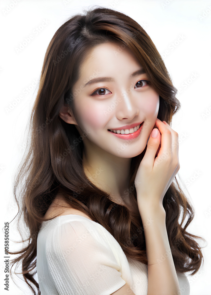 Beautiful young woman smile with clean fresh skin on white background, white skin Beautiful young woman smile with clean fresh skin on white background, white skin