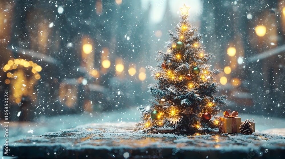 Naklejka premium Cozy and festive Christmas setting featuring a beautifully decorated small Christmas tree adorned with delicate ornaments and warm twinkling fairy lights