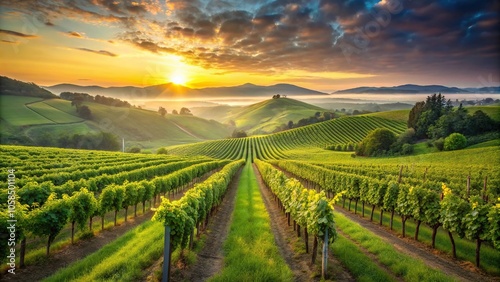 Wallpaper Mural Lush green vineyards with rows of wine grapes stretching across a rolling hills landscape at sunrise, agriculture, farm, landscape Torontodigital.ca
