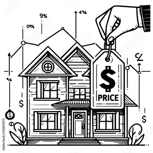 A stylized representation of a house with a price tag labeled with a dollar sign and the word PRICE