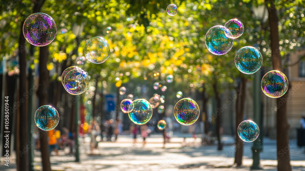 Colorful bubbles float in a sunlit park during a warm afternoon in late summer Colorful bubbles float in a sunlit park during a warm afternoon in late summer