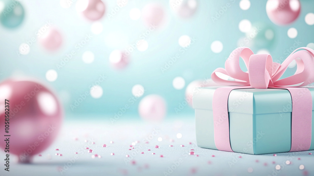 Fototapeta premium A pink box with a ribbon is on a blue background. The box is decorated with pink balls