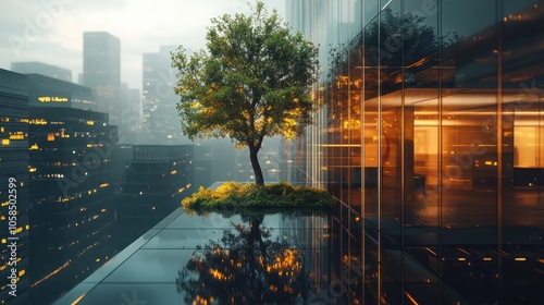 Sustainble green building. Eco-friendly building. Sustainable glass office building with tree for reducing carbon dioxide. Office with green environment. Corporate building reduce CO2, Generative AI photo