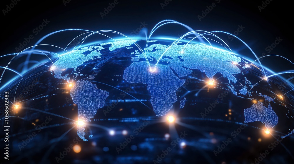 Global Business Concept and Network Connection: Big Data Analytics and Digital Connection Technology with World Map Point and Line Composition, E-commerce and Social Network on a Blue Background Global Business Concept and Network Connection: Big Data Analytics and Digital Connection Technology with World Map Point and Line Composition, E-commerce and Social Network on a Blue Background