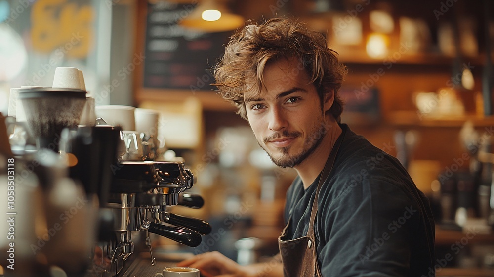 Man Making Coffee in a Modern Coffee Shop Studio, Morning Routine, European Man Making Coffee in a Modern Coffee Shop Studio, Morning Routine, European