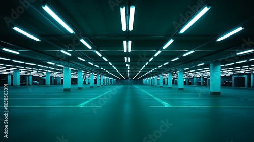 Empty Parking Garage with Neon Lights Blank Background with Copy Space for Design Projects