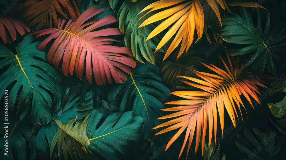 A vibrant arrangement of tropical leaves in various colors and textures. A vibrant arrangement of tropical leaves in various colors and textures.
