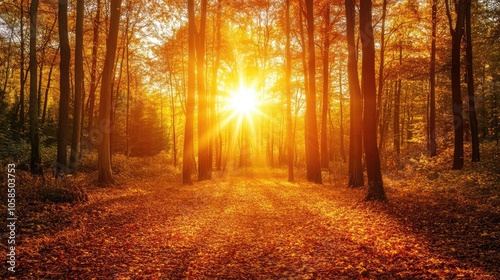 Close-up view of a sunset illuminating the autumn forest, capturing the vibrant colors of autumn foliage with ample copy space for text or design elements.