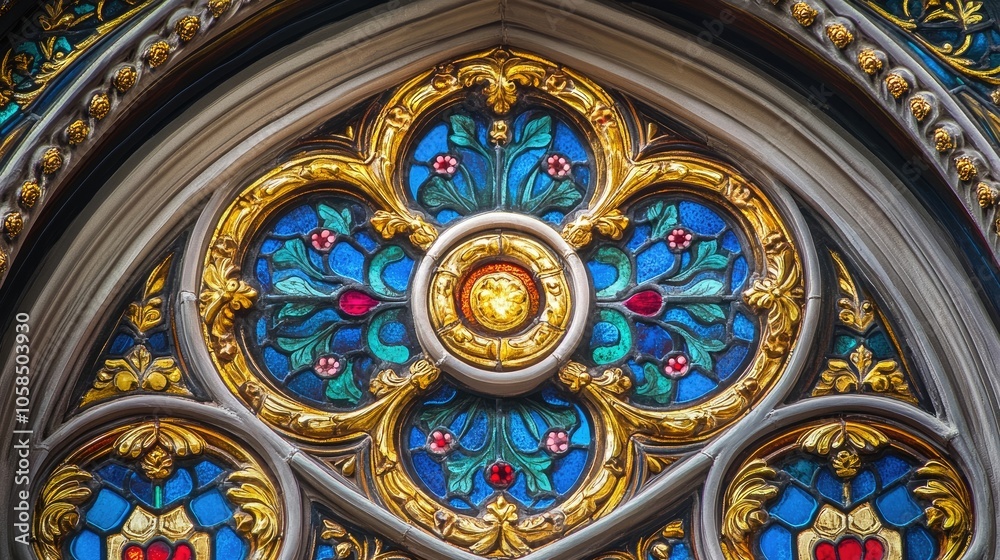 Ornate stained glass enhances the beauty of an ancient manuscript. The intricate details of the ornate stained glass display vibrant colors such as gold, blue, and red. Generous copy space available. Ornate stained glass enhances the beauty of an ancient manuscript. The intricate details of the ornate stained glass display vibrant colors such as gold, blue, and red. Generous copy space available.