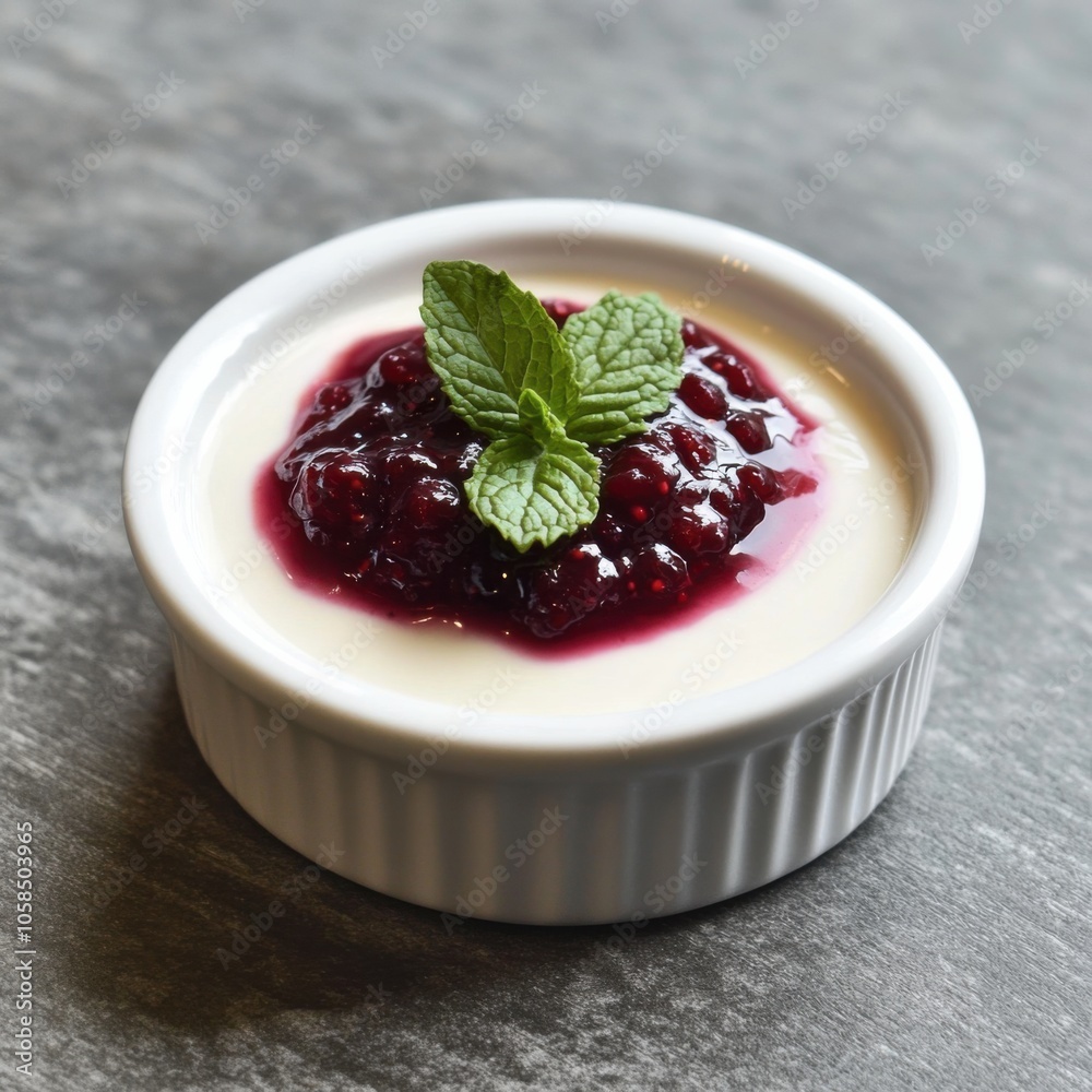 A decadent and smooth panna cotta topped with a berry compote, served in a white ramekin, Panna cotta centered with a drizzle of compote A decadent and smooth panna cotta topped with a berry compote, served in a white ramekin, Panna cotta centered with a drizzle of compote