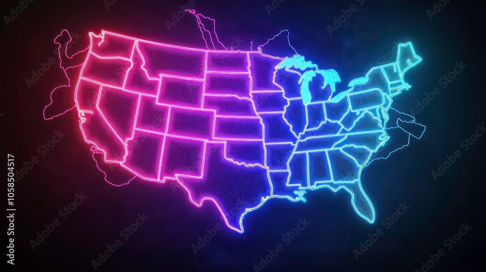 Neon outline of the United States map with states highlighted in gradient colors. Neon outline of the United States map with states highlighted in gradient colors.