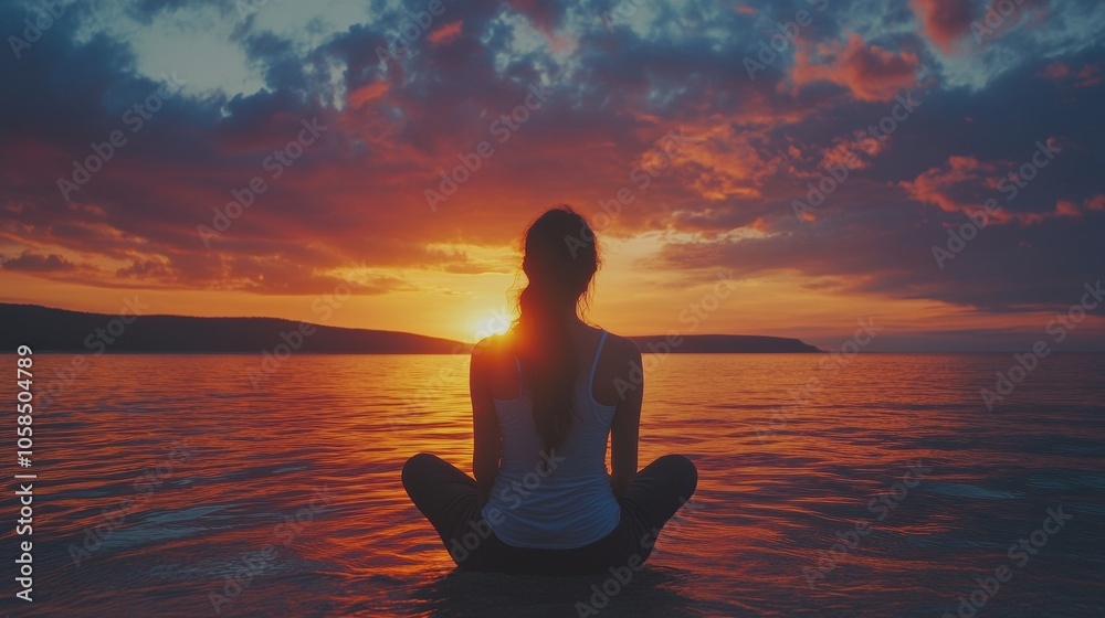 Fototapeta premium Serene Mindfulness Practice at Sunset Beach A Tranquil Connection with Nature