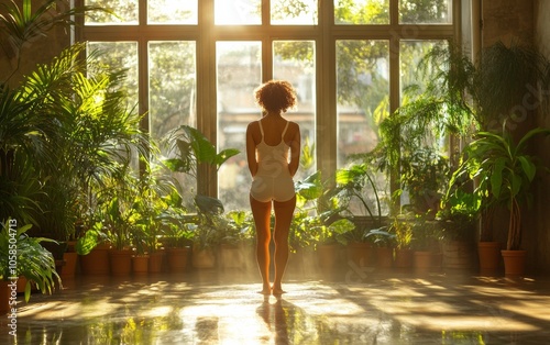 Mindful Yoga Practice Woman in Sunlit Room with Lush Greenery and Large Windows