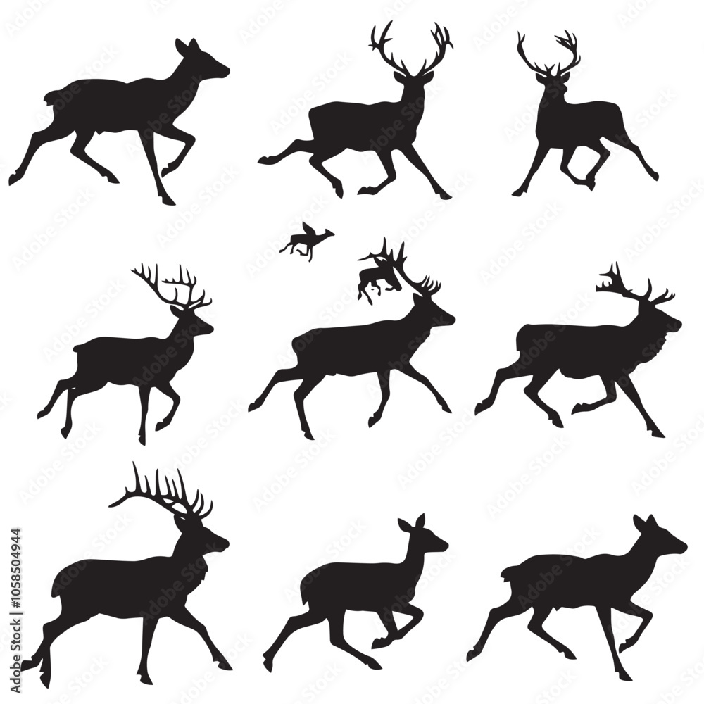 Collection of running animal silhouettes , black silhouettes isolated on white background Collection of running animal silhouettes , black silhouettes isolated on white background