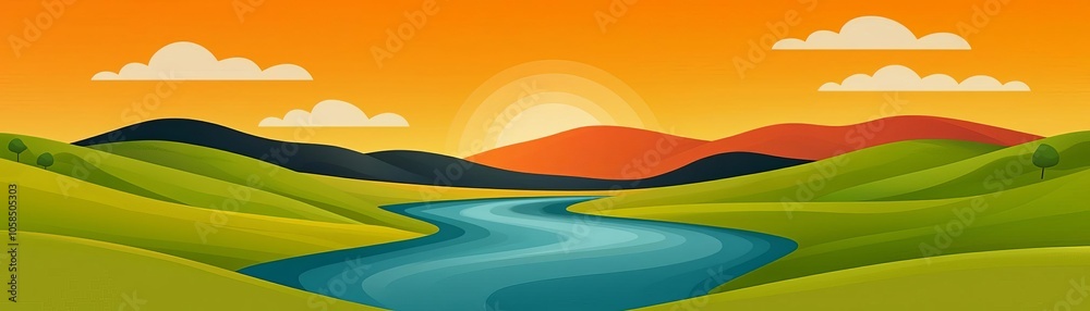 Scenic landscape featuring a winding river, green hills, and a colorful sunset sky with clouds, perfect for nature and travel themes. Scenic landscape featuring a winding river, green hills, and a colorful sunset sky with clouds, perfect for nature and travel themes.