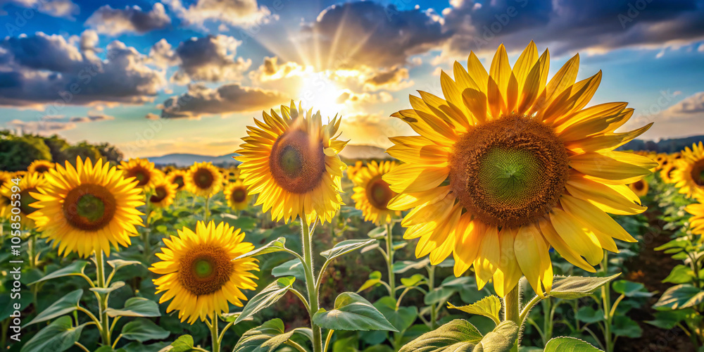 Obraz premium field of sunflowers. sunflower, flower, sky, field, summer, nature, yellow, agriculture, plant, sun, blue, green, bright, leaf, sunflowers, meadow, blossom, petal, growth, landscape, blooming, sunny, 
