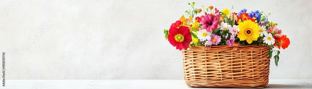 A vibrant basket filled with colorful flowers against a plain background. A vibrant basket filled with colorful flowers against a plain background.