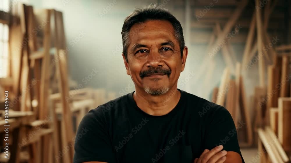 A smiley Asian master standing in a middle of a carpentry workshop. This cheerful master shares his love for woodcraft in a lively workshop. A smiley Asian master standing in a middle of a carpentry workshop. This cheerful master shares his love for woodcraft in a lively workshop.
