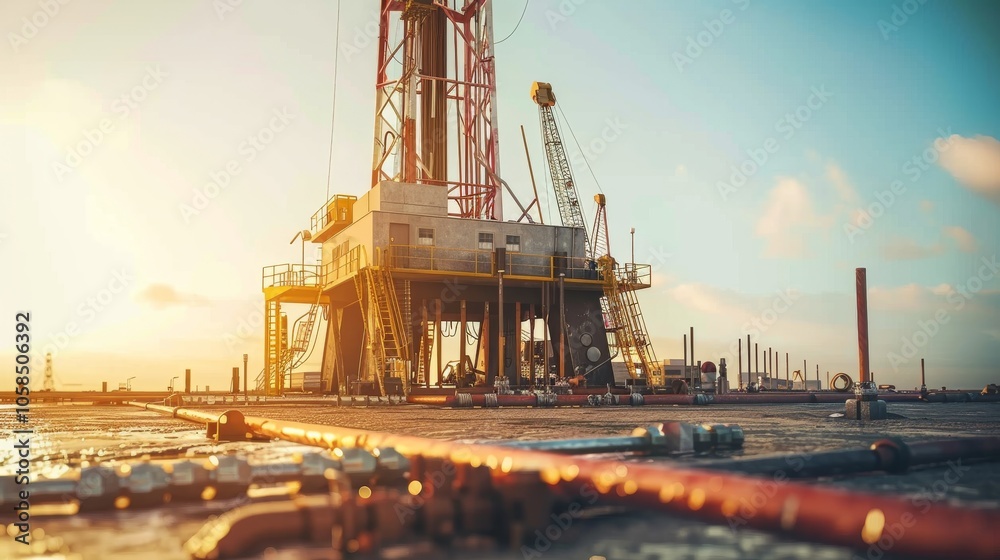 Oil Rig at Sunset: Offshore Energy Production