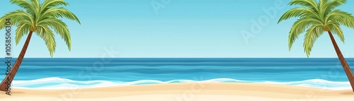 Tropical beach scene with palm trees, sandy shore, and clear blue ocean under a bright sky. Perfect for summer vacation and relaxation themes.