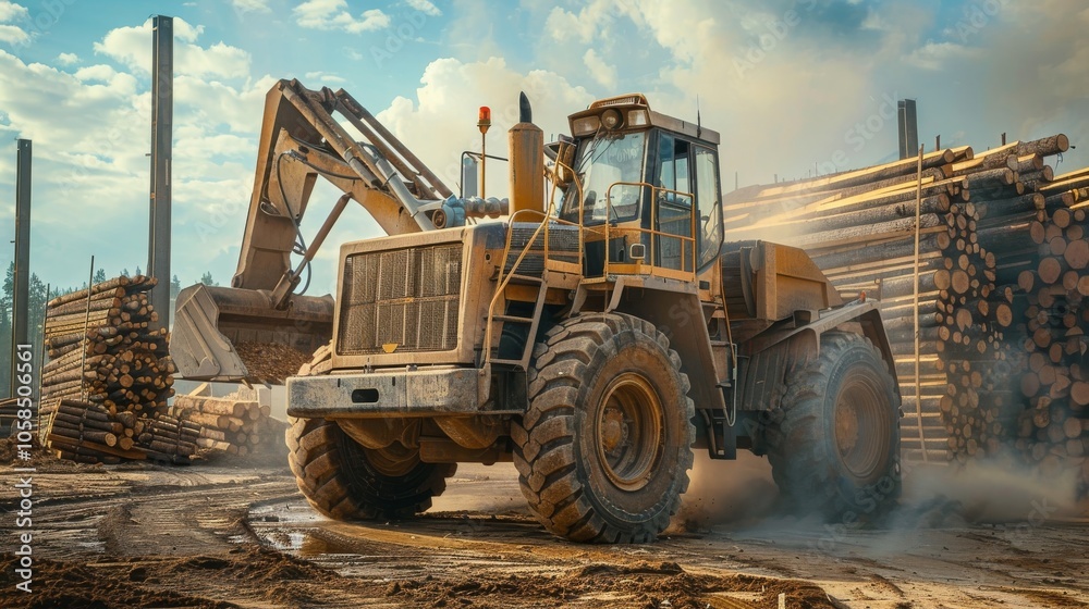 Heavy Machinery Working in a Logging Yard Heavy Machinery Working in a Logging Yard