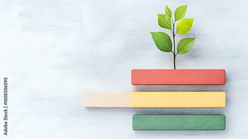Green Plant Growing From Colorful Wooden Blocks On White Wood Background Green Plant Growing From Colorful Wooden Blocks On White Wood Background