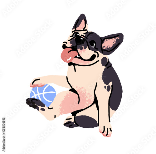 Cute French Bulldog with pied color licks, plays with toy. Happy puppy with adorable muzzle sits with ball, shows tongue. Funny dog, playful pet. Flat isolated vector illustration on white background