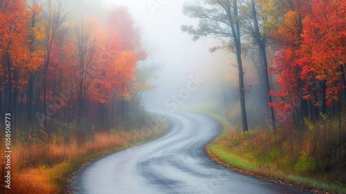 Windy road disappears into dense fog, surrounded by vibrant fall forest scenery. This image captures the enchanting ambiance and mystery of a foggy, wooded landscape with ample copy space.