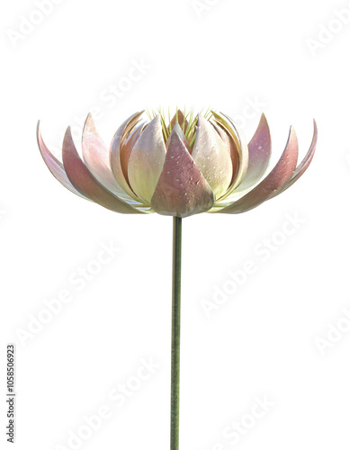 A Nymphaea light pink lotus flower with yellow core, seen from the side with a straight stem. 3D illustration on transparent background.