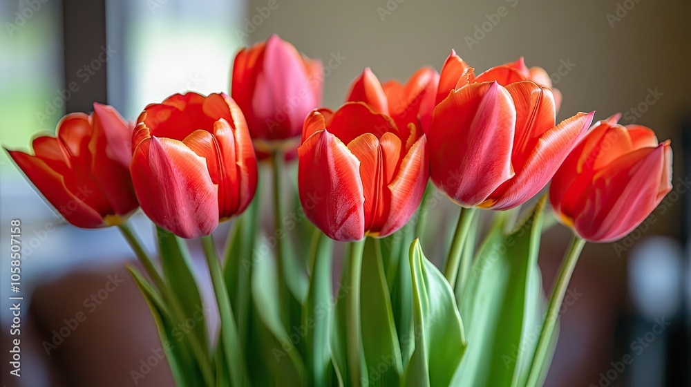 Vibrant red tulips arranged for spring celebrations and special occasions, ideal for Mothers Day gifting. The red tulips create a cheerful atmosphere with ample copy space. Vibrant red tulips arranged for spring celebrations and special occasions, ideal for Mothers Day gifting. The red tulips create a cheerful atmosphere with ample copy space.
