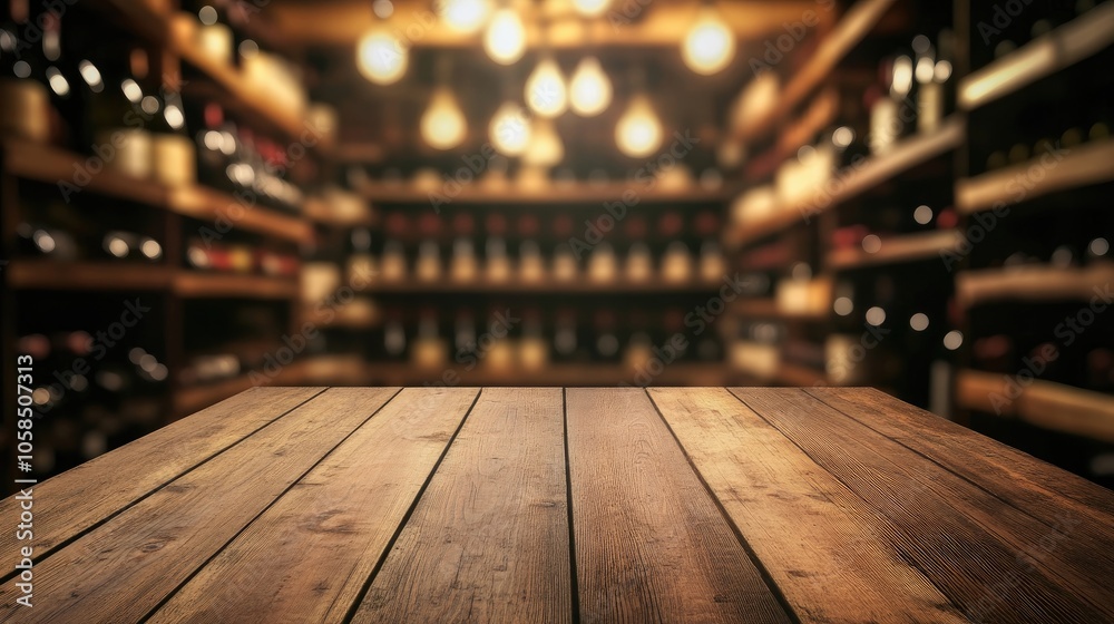 Wooden table placed in front of a softly blurred background of a wine cellar, where shelves are filled with an extensive collection of wine bottles, providing a cozy ambiance. Wooden table placed in front of a softly blurred background of a wine cellar, where shelves are filled with an extensive collection of wine bottles, providing a cozy ambiance.