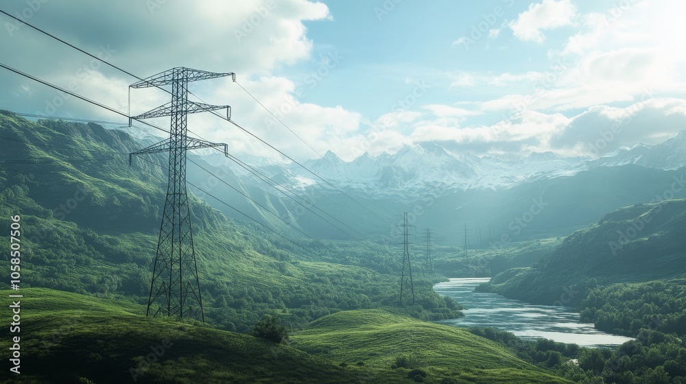 A serene landscape featuring rolling hills, a river, and power lines amidst misty mountains under a cloudy sky. A serene landscape featuring rolling hills, a river, and power lines amidst misty mountains under a cloudy sky.
