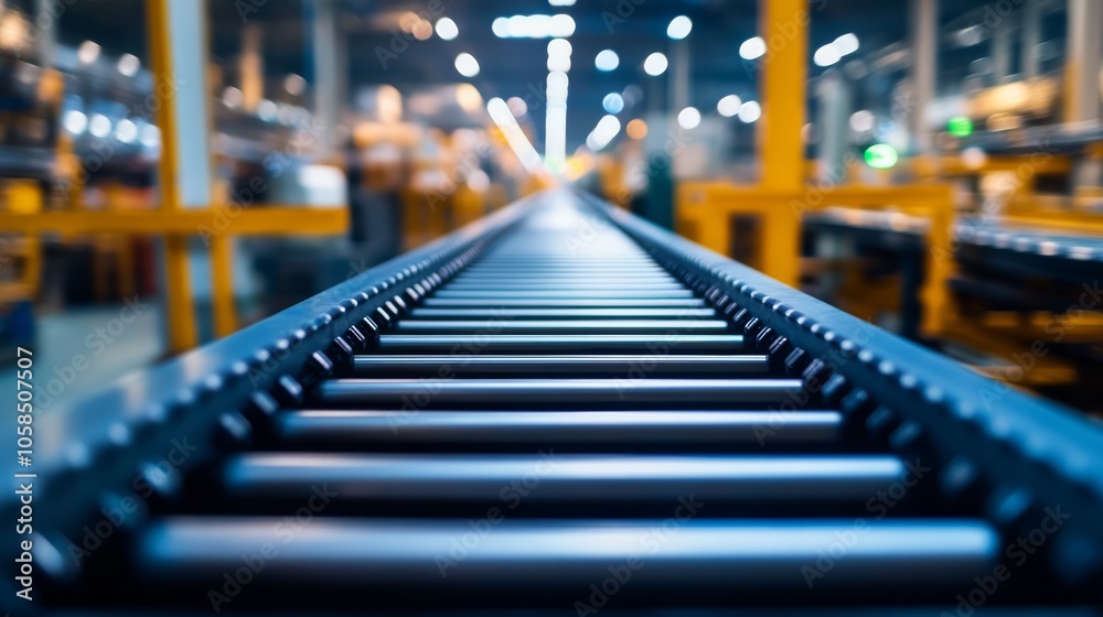 A close-up view of a conveyor belt in a modern industrial setting, showcasing metal rollers and a softly blurred background. A close-up view of a conveyor belt in a modern industrial setting, showcasing metal rollers and a softly blurred background.