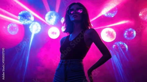 70s dancing girl posing in front of bright disco ball lights