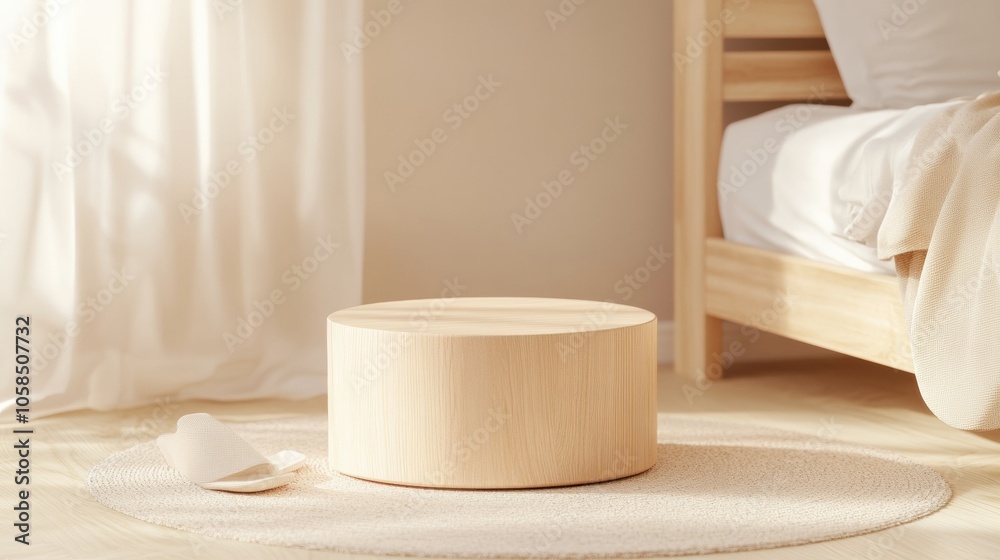 Warm, Cozy Bedroom Interior with Wooden Podium - Ideal for Christmas and Thanksgiving Decor Warm, Cozy Bedroom Interior with Wooden Podium - Ideal for Christmas and Thanksgiving Decor