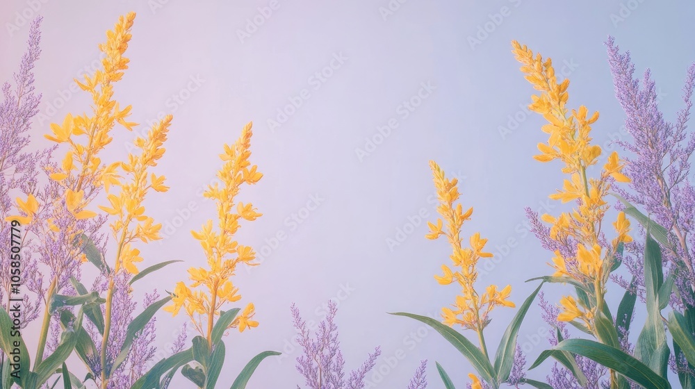 Yellow fireweed flower set against a soft lilac background, surrounded by elegant blue borders, creates a vibrant visual with ample copy space for text or design elements. Yellow fireweed flower set against a soft lilac background, surrounded by elegant blue borders, creates a vibrant visual with ample copy space for text or design elements.
