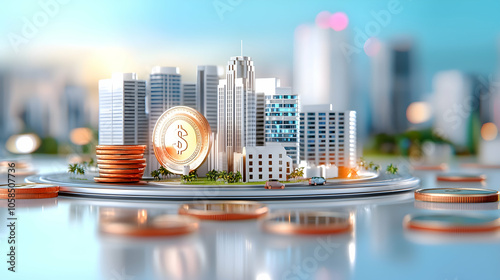 Cityscape with Coins and Dollar Sign   Financial Success Concept