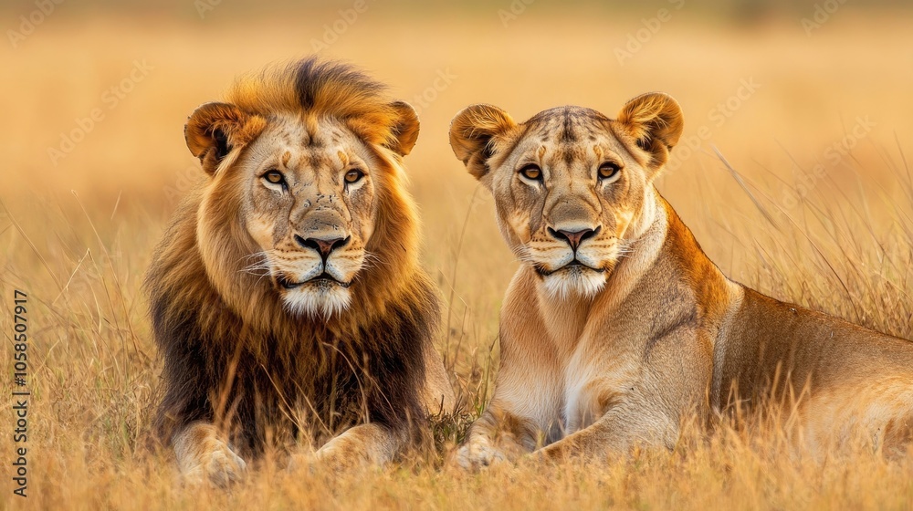 Obraz premium Lion and lioness in the savanna create a captivating scene. This image of wild animals conveys the beauty of nature, with ample photo space for text or design elements.