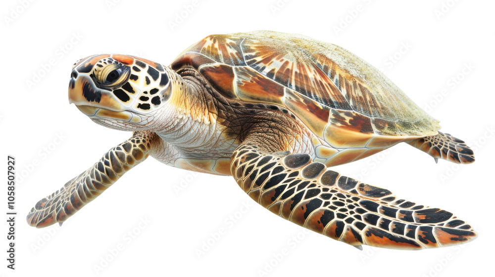 Fototapeta premium Colorful sea turtle swimming gracefully underwater, white isolated background.