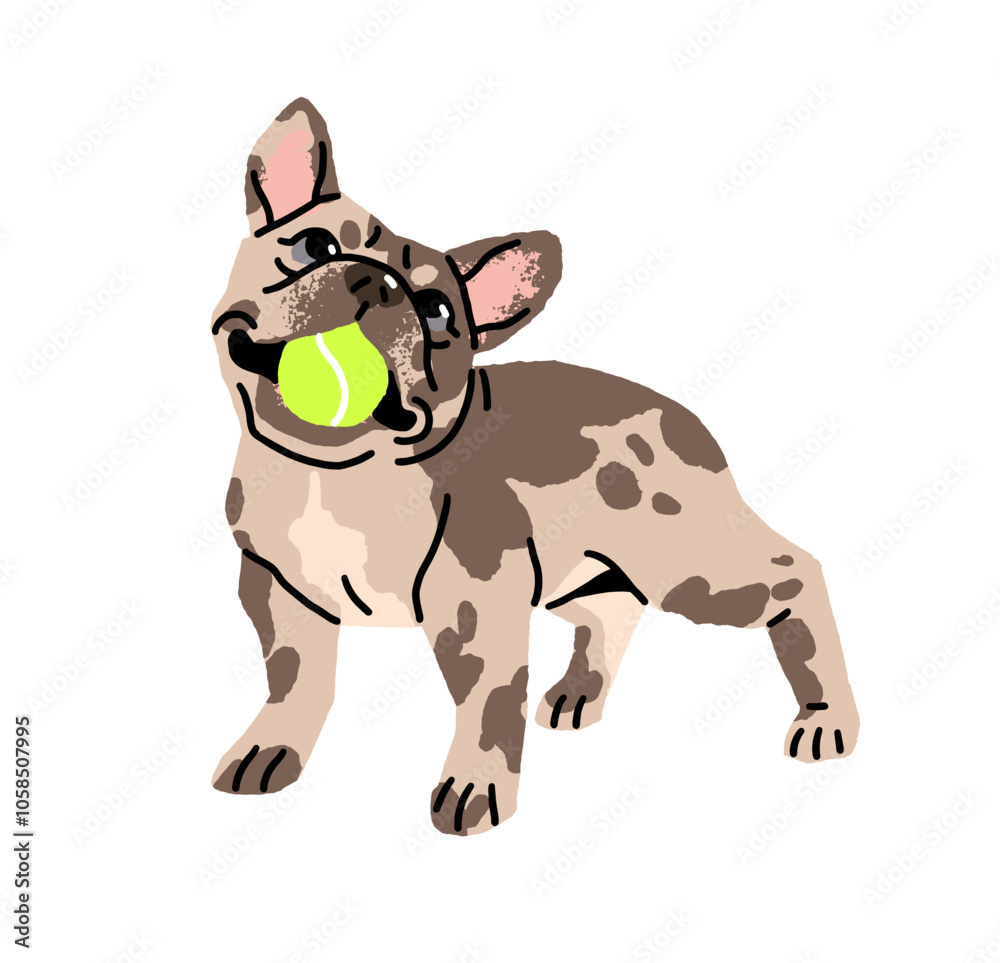 Cute French Bulldog holds ball in mouth, jaw. Happy puppy plays with toy. Funny dog with adorable muzzle has fun. Playful pet, domestic animal. Flat isolated vector illustration on white background Cute French Bulldog holds ball in mouth, jaw. Happy puppy plays with toy. Funny dog with adorable muzzle has fun. Playful pet, domestic animal. Flat isolated vector illustration on white background