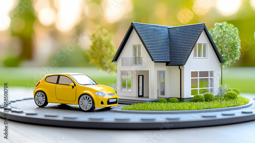 Yellow Car and House Model on Green Grass