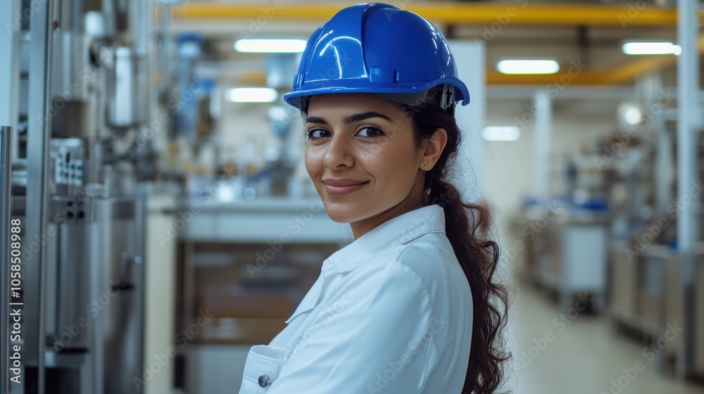 Smiling Middle-Eastern woman in safety gear at a manufacturing facility. Smiling Middle-Eastern woman in safety gear at a manufacturing facility.